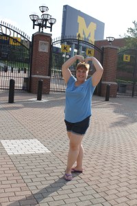 Inday makes her own letter M in front of The Big House aka Michigan Stadium